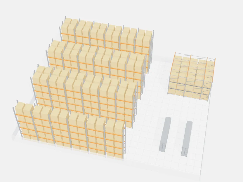 Bodega con racks selectivos, drive-in y ángulo ranurado vista en 3D en el planificador
